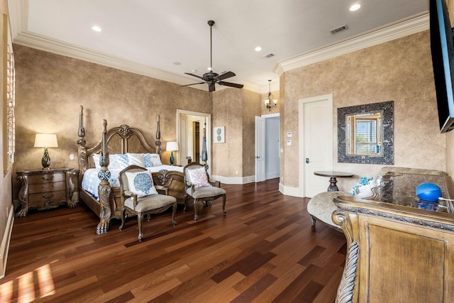 bedroom with ornamental molding, dark wood-type flooring, and ceiling fan