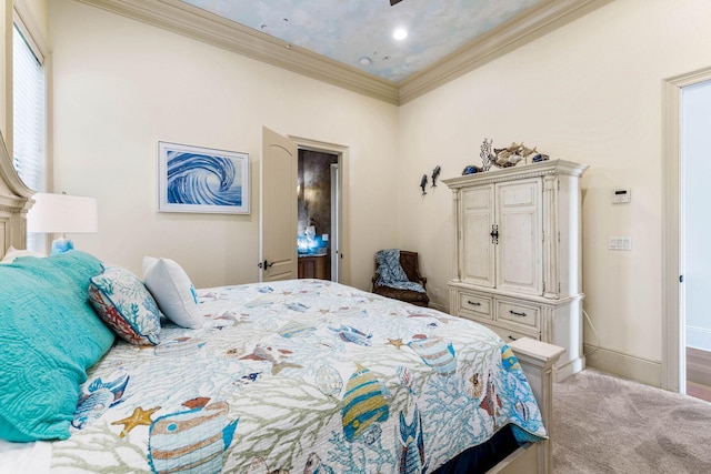 carpeted bedroom featuring crown molding