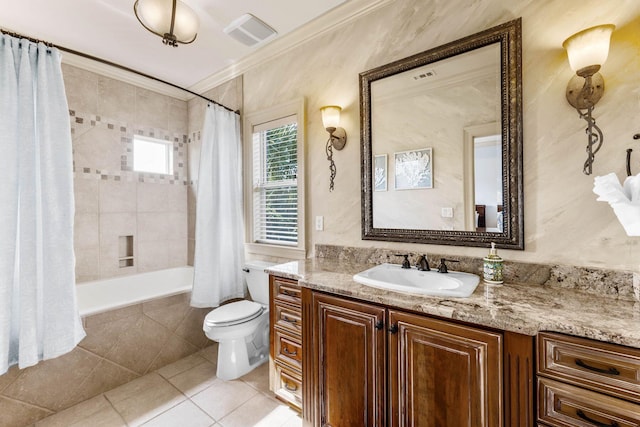 full bathroom featuring vanity, shower / tub combo with curtain, crown molding, and toilet