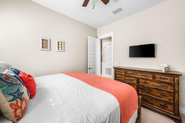 bedroom with ceiling fan and carpet