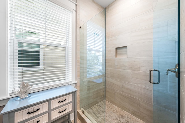 bathroom featuring vanity and a shower with shower door