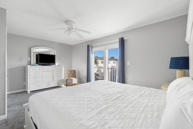 bedroom featuring ceiling fan, carpet, and access to exterior