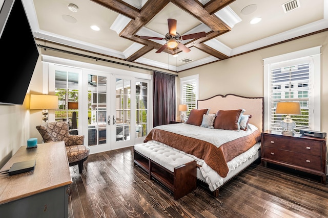 bedroom with ceiling fan, access to exterior, dark hardwood / wood-style floors, french doors, and coffered ceiling