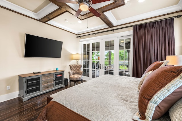 bedroom featuring ceiling fan, ornamental molding, dark wood-type flooring, french doors, and coffered ceiling