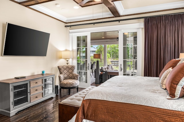 bedroom with coffered ceiling, access to exterior, beamed ceiling, ornamental molding, and dark hardwood / wood-style flooring