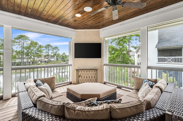 sunroom featuring wood ceiling and ceiling fan