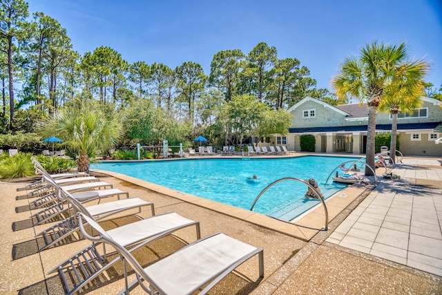 view of swimming pool featuring a patio area