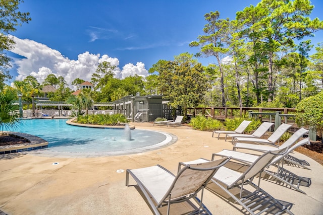 view of swimming pool featuring a patio area