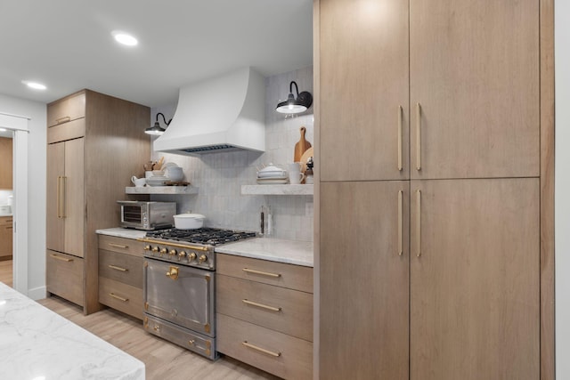 kitchen with light stone counters, custom range hood, decorative backsplash, light hardwood / wood-style floors, and high quality appliances