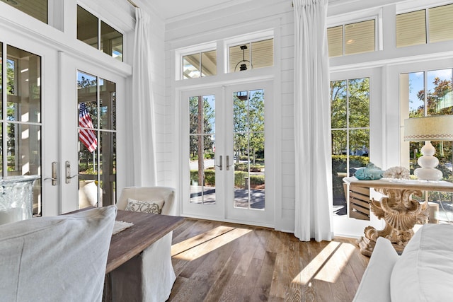 entryway with french doors, wood-type flooring, and plenty of natural light