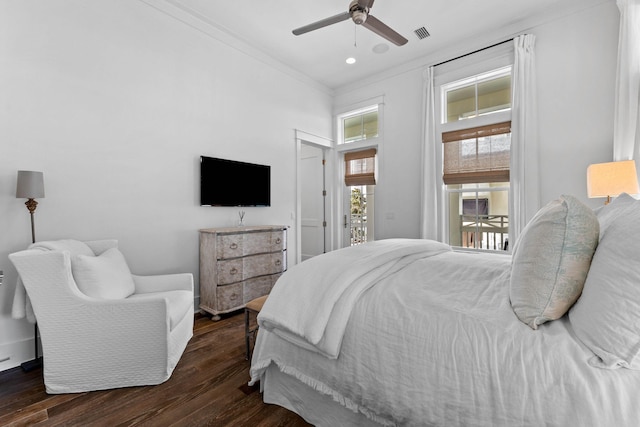 bedroom with access to outside, ceiling fan, dark wood-type flooring, and ornamental molding