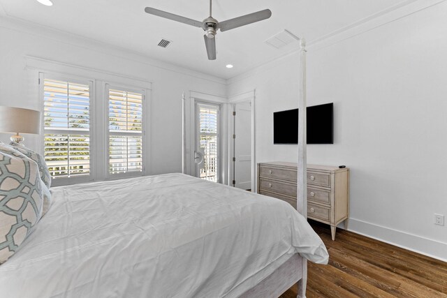 bedroom featuring access to outside, dark hardwood / wood-style floors, ceiling fan, and ornamental molding