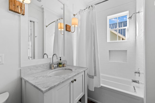 bathroom featuring shower / bath combination with curtain, vanity, and ornamental molding