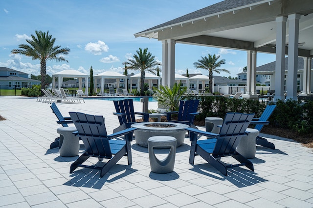 view of patio / terrace with an outdoor fire pit and a community pool