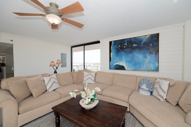 living room with ornamental molding and ceiling fan