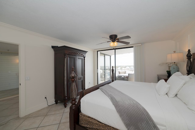 bedroom featuring crown molding, access to exterior, light tile patterned floors, and ceiling fan