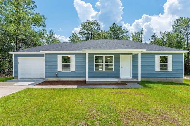 single story home featuring covered porch, a front lawn, and a garage