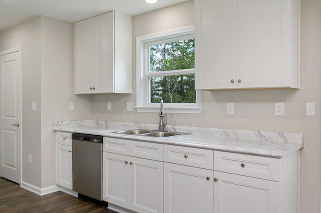 kitchen featuring dishwasher, dark wood-type flooring, sink, light stone countertops, and white cabinets