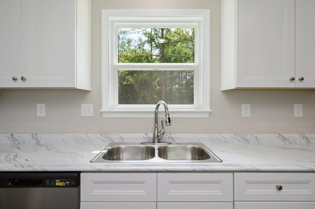 kitchen featuring dishwasher, white cabinets, and sink