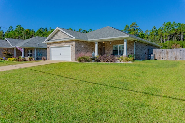 ranch-style home with a front lawn and a garage