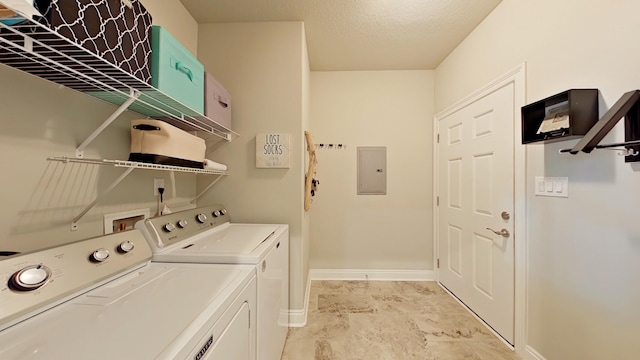 washroom with independent washer and dryer and electric panel