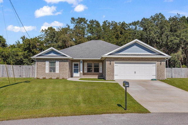 ranch-style house featuring a garage and a front yard