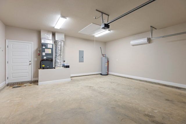 garage featuring electric panel, water heater, a wall mounted AC, and a garage door opener