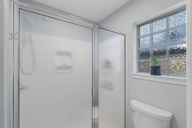 bathroom featuring a shower with door and toilet