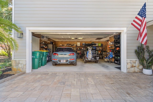 garage with wood walls