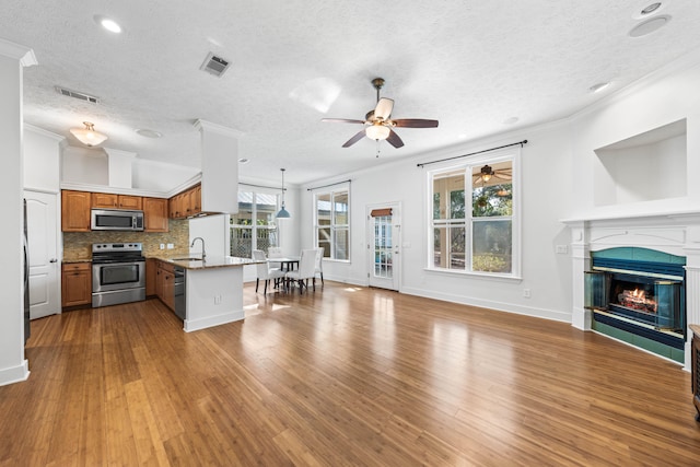 kitchen with kitchen peninsula, appliances with stainless steel finishes, light hardwood / wood-style flooring, and a healthy amount of sunlight