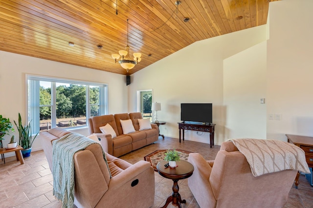 living room with a chandelier, wooden ceiling, light tile patterned floors, and vaulted ceiling