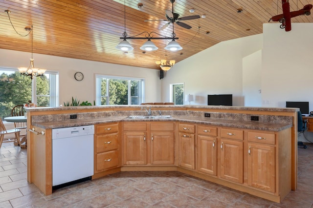 kitchen with wooden ceiling, white dishwasher, sink, hanging light fixtures, and vaulted ceiling