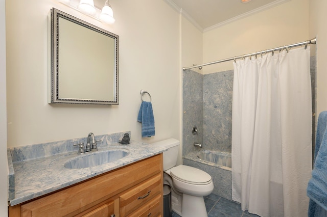 full bathroom featuring vanity, crown molding, shower / bathtub combination with curtain, tile patterned flooring, and toilet