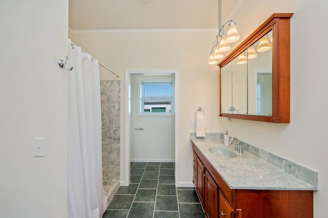 bathroom with a shower with curtain, crown molding, tile patterned flooring, and vanity