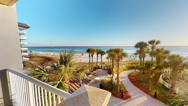 view of water feature with a beach view