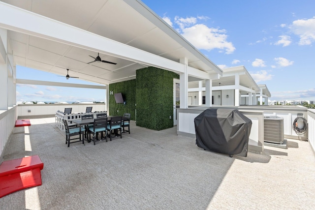 view of patio featuring cooling unit, grilling area, and ceiling fan