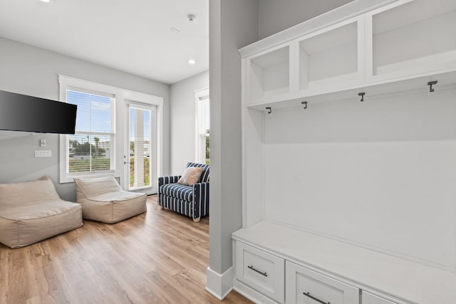 mudroom with light hardwood / wood-style flooring and plenty of natural light