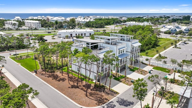 bird's eye view with a water view