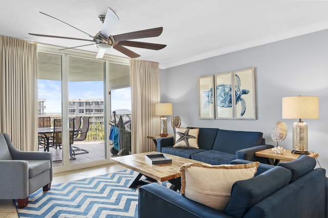 tiled living room with crown molding, a wall of windows, and ceiling fan