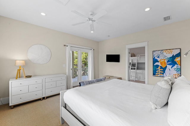 carpeted bedroom featuring access to outside and ceiling fan