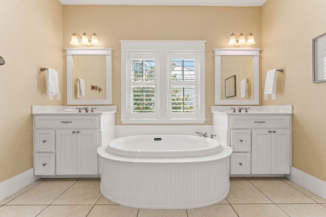 bathroom with vanity, a bathtub, and tile patterned flooring