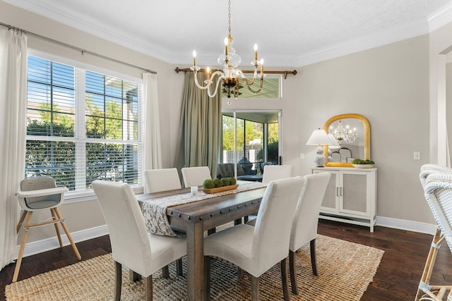 dining area featuring crown molding, a notable chandelier, dark hardwood / wood-style floors, and a healthy amount of sunlight