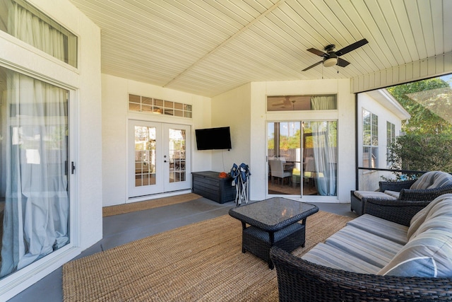 exterior space featuring french doors, ceiling fan, and plenty of natural light