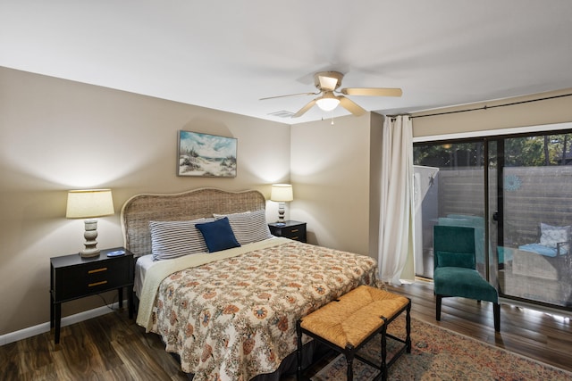 bedroom with dark wood-type flooring, access to exterior, and ceiling fan