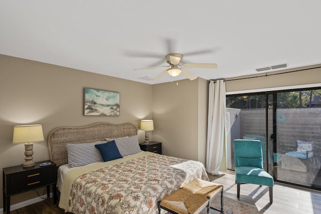 bedroom featuring wood-type flooring, access to outside, and ceiling fan