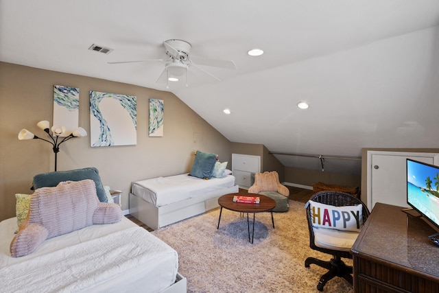 bedroom with lofted ceiling and ceiling fan