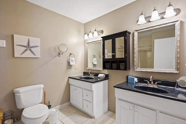 bathroom featuring vanity, walk in shower, toilet, and tile patterned floors