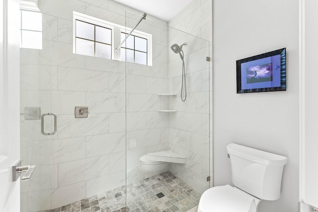 bathroom with a shower stall and toilet