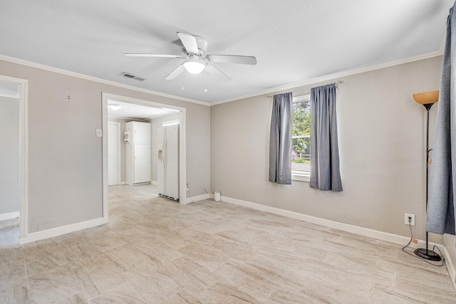 unfurnished room with crown molding and ceiling fan