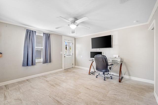 home office with crown molding and ceiling fan